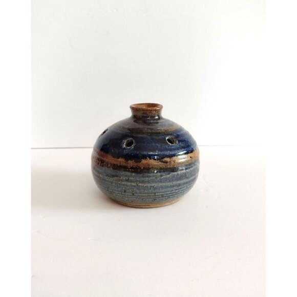 Vtg Sandy Hagist Pottery 6 Hole Round Incense Burner Holder Signed Blue Brown - Picture 1 of 6